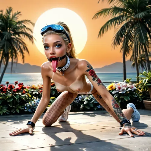 outdoors, (white shore ocean of paradise island:1.4), ((top closeup narrow innocent looking face view:1.8)), (very beautiful perfect face to viewer:1.7), (young low skinny girl with fake implanted spherical big breasts:1.6), (on knees and elbows:1.4), (upper body forward down:1.5), (perfect:1.5), (wide very skinny very flat ass up a little:1.5), (small very beautiful petite woman:1.5), (21 years old Ukrainian model cutie:1.4), (sweaty:1.1), ((short stature slender fit skinny body:1.7)), ((small thin waist:1.7)), ((very large distance between legs:1.7)), (very low pelvic:1.4), (wide shoulders:1.7), (very shapely legs very spread apart:1.7), ((large light white sci-fi electronic bdsm mind control rim device around head:1.7)), (nipple ring piercings:1.3), ((detailed perfect light grey-blue eyes:1.7)), (perfect lips), ((mouth spreader ring gag:1.7)), (extremely long wide smooth light tongue out down:1.7), ((round tongue's end:1.6)), (wide open big mouth:1.7), (light blonde with rainbow smooth silky hair ponytail:1.5), ((very large distance between rounded large spherical breasts:1.7)), (tan fair skin:1.5), thin beautiful eyebrows, (very gorgeous:1.5), (sexy:1.4), (satisfied:1.6), (white massive very oversized electronic collar device around very wide short throat:1.5), (tattooed body:1.4), (tattoo:1.3), (seductive sexy makeup:1.5), (long black eyelashes:1.4), lipstick, (stunning:1.3), (dimples:1.4), (white sneakers:1.3), (pink fishnet stockings:1.2), (masterpiece), (beautiful lawn with low flowers:1.3), (restrained hands and legs:1.6), (white sci-fi restrains:1.3), (in lounge bungalow:1.3), (palm trees:1.1), (bright day with orange sun:1.3), <lora:Microwaist_XL_v01:1.5>