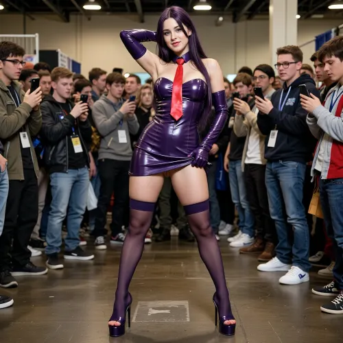 realistic skin, full body, a tall beautiful 22 year old woman with long dark purple hair at a cosplay convention, she is karryn from karryn's prison, blue eyes, beautiful puffy lips, toned body and legs, sexy toes, toned round ass, very curvy body, she is wearing a dark purple strapless latex dress covering her tits, a short red necktie ending between her tits, long dark purple latex gloves, dark purple footless latex stockings, 16 inch platform high heels slip in sandals with stiletto heels, she is already completely surrounded by a huge group of nerds taking pictures from her, shy cheeky smile to the viewer, holding up her hair with one hand behind her head, lifting her dress slightly with the other hand, standing tall with legs apart
