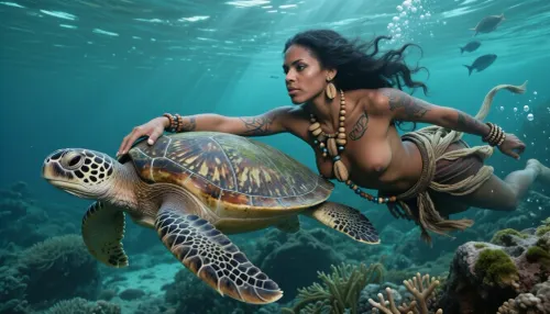 ultra photorealistic cinematic underwater ocean photograph, adult African woman, 28 years old, from a fictional indigenous coastal culture, moving in absolute meditative silence through a vast turquoise ocean while being gently pulled forward by a large sea turtle, strict lateral profile, turtle clearly leading and woman trailing directly behind on the same horizontal axis, one arm fully extended forward, fingers firmly curled over the hard lateral rim of the turtle’s carapace well behind the head, second arm stretched backward close to her body, entire body elongated into one calm streamlined line, long dark hair, carved bone beads, wooden ornaments, necklaces and loose woven fabric elements streaming backward together through the water, serene focused face, open dark brown eyes looking forward, mature sculpted features, handcrafted traditional clothing made from weathered leather, woven plant fibers, beadwork, bone and wood, extraordinary material realism, every wooden bead showing grain, scratches, worn edges and tiny imperfections, aged leather with pores, creases and water darkening, plant fibers visibly softened by water, exceptionally realistic dark sun bronzed skin with visible pores, peach fuzz, tiny scars, faint pigment variation, natural unevenness, subtle goosebumps and a soft aquatic sheen, intricate hand tapped geometric tattoos sitting naturally within the skin, majestic sea turtle rendered with extreme anatomical precision, richly weathered shell, layered scute texture, algae traces, translucent wet highlights, realistic eye, leathery head and powerful flippers, deep three dimensional underwater environment, blurred foreground coral and vegetation creating natural framing, razor sharp woman and turtle in the middle plane, immense reef landscape falling away behind them into multiple depth layers, nearby rocks highly detailed with algae, coral growth, sediment and rough mineral texture, distant formations progressively disappearing into deep teal and almost black aquatic haze, strong natural light absorption with depth, very deep shadows inside reef crevices, brilliant turquoise and cyan highlights near the surface, saturated teal midtones, dark blue green shadows, strong but realistic local micro contrast, luminous caustic patterns moving across skin, shell, jewelry and stone, narrow volumetric sunbeams cutting through suspended particles, tiny bubbles rising, distant fish schools partially disappearing into atmospheric depth, deliberately underexposed by two stops, deep blacks without crushed detail, restrained highlight rolloff, matte realistic surfaces, cinematic dynamic range, 24mm full frame underwater photography, subtle optical falloff, fine analog grain, extremely high micro detail, tactile realism, atmospheric depth, monumental scale, immersive underwater stillness, rich saturation, powerful contrast, photorealistic documentary quality