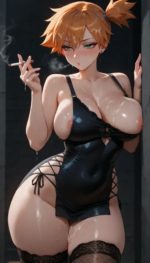 ((Black hour)), (Misty from Pokemon), small sagging breasts, one breast exposed, very sexy face, thin waist and thick low body, (black silk stockings), blushing cheeks, girl low stature, massive thighs, thick thighs, wide hips, thin waist, down the super dark alleyway at midnight, near the wall, (no light source nearby), (highlight glow on body), cotton long patent mini dress features clear shoulder straps and dramatic lace-up side cutout detailing, (((no knickers))), she is standing, leaning against the wall, 1girl, semi side view, ((after sex)), (self pleasuring), (smoking a cigarette in girl's hand, girl is holding cigarette in hand, sucking on the cigarette, blowing cigarette smoke), beautiful, masterpiece, high quality, high resolution, (cum dripping, excessive cum, slimy), (cum on fingers, cum on stomach, cum on chest, cum on face, cum on hair)
