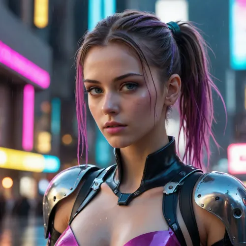 A hyper-detailed, monumental cinematic photograph defining the absolute apex of photorealistic cyberpunk art. The central subject is a strikingly beautiful young cyberpunk girl with realistic facial features, subtle mechanical face-implants, and glowing cyan eyes. She stands gracefully on a rain-slicked metal gantry high above a neon-saturated metropolis, holding a high-tech holographic data-device. She is fully dressed in an ultra-detailed, form-fitting tactical jumpsuit made of matte-black leather, high-density smart-fabrics, and polished carbon-fiber armor accents, perfectly combining street-tech elegance with heavy cybernetic integration while leaving no unneeded exposure.

Her cybernetic enhancements are sleek, elegant, and intricate, fine chrome conduits, visible fiber-optic wiring emitting a faint magenta glow, and delicate hydraulic micro-servos are seamlessly integrated along her neck, shoulders, and arms. Her left arm features an exposed, highly articulated titanium cybernetic sleeve with glowing energy nodes, while her right hand wears a tactile cyber-glove. Her hair is short and sharp, styled with glowing fiber-optic strands woven into the locks, dripping with fresh rainwater. Her expression is calm, sharp, and confident, captured with flawless skin texture, subtle micro-pores, and realistic raindrops running down her cheeks.

Instead of monstrous wings, she equips a sleek, high-tech mechanical jet-pack framework with four articulated titanium stabilizer blades that extend from her upper back, gleaming under the neon reflections. The setting is a rain-drenched, neon-drenched cyberpunk megacity at deep night, with towering skyscrapers covered in massive holographic advertisements, disappearing into the atmospheric smog. The gantry she stands on drops down toward a flooded, glowing plaza below. The scene is illuminated by dominant, high-contrast volumetric neon lighting in deep magenta and electric cyan, cutting through heavy atmospheric fog and rain. The composition is a dramatic, cinematic medium-long shot with dynamic low-angle framing. Micro-details include wet cloth textures, dripping water on metal plates, realistic fabric creases, and sharp focal depth on her face while the background blurs into a rich bokeh. Captured with an 85mm portrait lens, photorealistic textures, Unreal Engine 5 render aesthetic, global illumination, 8k resolution.