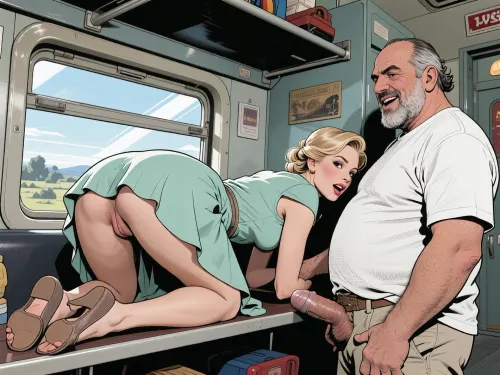 scene set in USSR in 1950s, compartment of a Soviet passenger train, very beautiful 35-year-old woman with elegant gathered hairstyle of blonde hair with cute face and wide hips Russian innocent married woman, she dressed in elegant light green dress with hem pulled up above the her butt dress. her butt and open sphincter is visible. She travels in the carriage through the USSR. The carriage compartment of a Soviet passenger train. a obese Arabian bearded fat old man, dressed in white T-shirt, with waxed moustache is stands behind to her With a mocking laugh fucks her anal hole. Anal sex. His erect penis penetrating her anal hole and his hairy balls are visible. Woman is lying facedown on the lower shelf, pleasure on a woman's face. He put one her waist. As we drive past, the only things visible from the windows are landscapes . Stylized manga-style illustration, elongated proportions, expressive eyes, graceful movements, dramatic but stylized lighting, gloomy elegance, emotional atmosphere, clear, precise lines, soft shading with subtle gradients, dot drawings, grayscale print texture, flat color fields, limited CMYK palette, contours in thick ink, retro offset printing, slight color shift, dynamic low-angle composition, bright midday sunlight, diagonal lines of movement, cinematic framing, retro energy of the comic panel