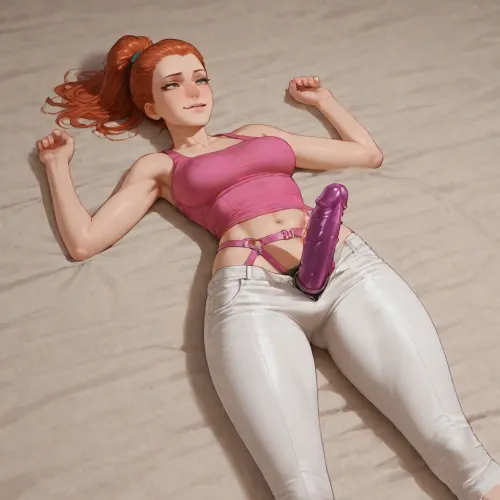 (Summer Smith from Rick and Morty:1.6), fair skin, shoulder-length ginger red hair pulled back in a high ponytail, oval face, pointed nose, thin build, wide hips, average height teenag body, bright magenta pink tank top, white capri pants, black slip-on shoes, (laying on back:1.4), supine, legs spread or raised, looking up, relaxed or arching, half-lidded lustful eyes, parted lips, flushed face, needy expression, biting lip, sharp smile, eyes full of cruel enjoyment, dominant and twisted pleasure, wearing a thick realistic strap-on dildo, harness tightly secured around hips, standing confidently, holding the shaft, ready to thrust