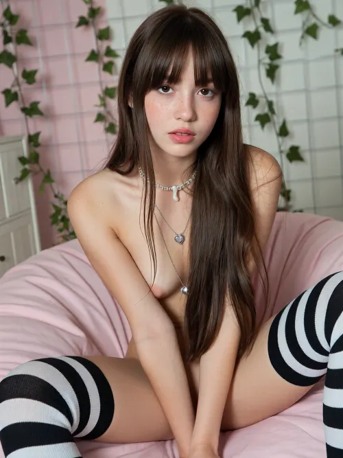 A candid 35mm film photograph of a young woman with long brown hair and bangs, posing in a soft-focus vertical composition on a plush pink beanbag. She wears black-and-white striped thigh-high socks, accessorized with silver necklaces featuring bone and heart pendants. Soft studio lighting highlights her natural skin texture, fine peach fuzz, and subtle imperfections like faint freckles. Behind her, delicate green vines hang from a wire trellis against a pastel backdrop, creating an airy, dreamy atmosphere. Shot on a 35mm lens with moderate depth of field, using muted true-to-life colors and visible film grain to evoke a vintage documentary feel without over-saturation or digital gloss.