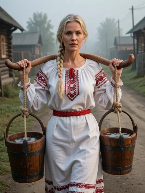 Masterpiece, highest quality, ultra-detailed, realistic photo.
Cinematic composition, a young Slavic woman with a long blonde braid walks along a dirt road in a traditional Russian village on an early, misty morning.
She carries water on her shoulders using an antique wooden yoke. Two securely fastened, antique wooden buckets full of clear water hang from the ends of the yoke on thick hemp ropes. The buckets are skillfully crafted from pine staves and bound with dark iron hoops, forged iron eyelets secure the ropes, highlighting an authentic, aged texture. The woman holds the yoke confidently and naturally with both hands. She wears a traditional, loose-fitting white linen dress featuring intricate red Slavic embroidery, (geometric patterns), on the sleeves and chest, a red woven sash cinches her waist. Setting, morning mist softens the outlines of log cabins in the background. The grayish light of a misty pre-dawn morning, realistic matte skin texture, and an authentic historical scene.