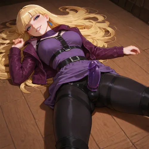 (Pacifica Northwest from Gravity Falls:1.6), solo, long beach blonde hair with bell-shaped bangs, dark blue eyes, heavy purple eyeshadow, pale skin, lavender hoop earrings, purple jacket over short lavender dress, periwinkle belt, black leggings, off-white boots, (laying on back:1.4), supine, legs spread or raised, looking up, relaxed or arching, half-lidded lustful eyes, parted lips, flushed face, needy expression, biting lip, sharp smile, eyes full of cruel enjoyment, dominant and twisted pleasure, wearing a thick realistic strap-on dildo, harness tightly secured around hips, standing confidently, holding the shaft, ready to thrust