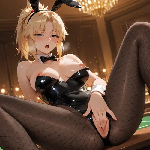 score_9, score_8, solo, 1girl, mordred, (fate), casino, black bunny costume, bare shoulders, fishnet pantyhose, shiny skin, glitter, depth of field, bokeh, light particles, cinematic lighting, warm lighting, high contrast, on table, fingering self, blush, half-closed eyes, open mouth, breath, nipples, motion lines, <lora:SDXL_BetterFaces-LoRA_v1:.8>, fingering, pussy, <lora:2FingersSDXL_v03:.8>