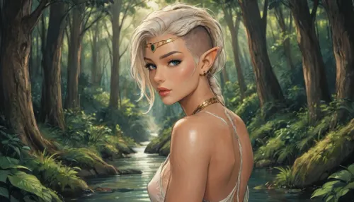 reiq style, masterpiece, In a fantasy forest, beautiful white hair elf, (Undercut), Mohawk braided, Long Hair, (wearing her elf circlet, jewelry:1.2), slender body, blue eyes, very sweaty, breasts Out, golden bracelet, ((Side-view, full body View)), mtms, <lora:Eldritch_SketchDraw:1.6>, <lora:outline_xl_kohaku_delta_spv5x:1.6>, <lora:sketch_it:.7>, <lora:Michael TurnerMarc SilvestriNoobAiLycoV2:2>, <lora:attractive_notrigger:2>