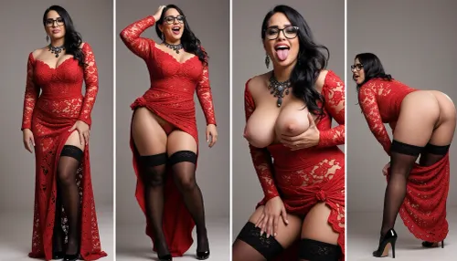 view from far below, (solo, black hair, Indian milf, (obese:1), perfect fat legs, long elaborate red lace dress, very made up, black nylons, black jewelry, glaasses, stilettos, fun), (evolving scenes in different panels, in the first panel she is standing she stands quietly and shyly fully dressed, in the second panel she is laughing and throwing her head back while showing legs and smiling lasciviously, in the third panel she is putting her saggy voluptuous breast with open mouth and tongue out far, in the last panel she bending forward showing hearty ass and perfect huge rearpussy), low saturation background
