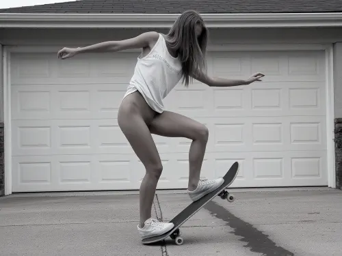 ultra photorealistic black and white action photography, adult woman, 24 years old, slim naturally athletic build, dynamic candid suburban skate moment, medium full body shot, she is balancing on a skateboard in a driveway directly in front of a closed double garage door, both arms stretched wide outward for balance, body slightly twisted, one knee bent deeply and lifted, the other leg bearing her weight on the board, the skateboard tilted at an angle as if she is performing a small freestyle trick or unstable landing, head lowered and turned slightly to the side, long blonde hair falling forward and partly covering her face, creating a spontaneous anonymous feeling, loose sleeveless light colored tank top with a casual worn texture and faint printed lettering, the fabric pulled and draped naturally across the chest and torso by movement, very short fitted shorts, low cut white sneakers with visible laces and slightly worn soles, realistic skin texture, subtle muscle tone in the legs, natural body tension, candid imperfect posture, concrete driveway with faint surface texture and a dark seam or cable line visible in the foreground, soft overcast daylight, high contrast monochrome tonality, slightly grainy documentary look, shallow motion blur in the moving limbs and hair while the body remains readable, authentic street snapshot aesthetic, unposed energy, raw realism, no glamour polish, realistic full frame photography, 50 mm lens, natural perspective, suburban background kept simple and unobtrusive, emphasis on movement, balance, spontaneity and believable everyday skate culture atmosphere