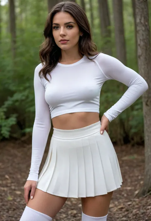 (long black layered wavy hair:1.5), chest-length hair, soft loose waves, natural volume, side-parted hairstyle, smooth silky texture, subtle highlights, hair flowing naturally over shoulders, realistic movement, dark eyelashes, tired expression, mouth slightly open, silver hoop earrings, black leather choker, (cropped long-sleeve fitted sports top:1.9), light-blue color, high-performance athletic fabric, smooth matte finish, lightweight stretch material, body-hugging fit, short cropped length ending above the navel, long sleeves extending to wrists, high neckline with short front zipper, minimal seam lines, clean sporty silhouette, modern tennis aesthetic, (sheers thigh-high white socks:1.6), over-the-knee sheers white socks, sheers long white socks, (high-waist white pleated skirt:1.8), tennis skirt or skater skirt style, structured accordion pleats, smooth stretch fabric with matte finish, clean waistband, flattering A-line silhouette, short mini length, subtle natural fabric movement, (thick wet mud smeared across the body:1.5), muddy stains on skin, realistic swamp mud texture, clumped wet soil adhering to skin, uneven thick layers of mud on arms, legs, neckline, stomach, waist, thighs, and shoulders, visible dried-and-wet mud contrast, dark brown and gray mud tones, mud caught in skin pores and body contours, realistic dirt shading, natural grime buildup, cinematic realism, gritty atmospheric detail, atmosphere & lighting, soft diffused daylight filtered through dense forest canopy, natural green color cast from surrounding vegetation, subdued highlights, low-to-medium contrast, realistic shadow softness, gentle ambient light reflecting from swamp water, no harsh light, no flash, no artificial rim light, color grading, earthy forest palette, dominant moss green and olive tones, muted saturation, slightly warm skin tones, soft blacks, natural whites, cinematic film-like color response, realistic moisture and humidity feel, (arched back:1.4), expressiv, sexy pose, stylish posture, dynamic pose, playful pose, cute pose, provocative pose, seductive pose, naughty pose, dynamicpose, setting, she is lying with provocative pose or slightly leaning forward to the camera, posture at the edge of a natural forest swamp, damp mossy ground beside shallow dark-green water, detailed muddy textures, tangled exposed roots and old fallen logs around her, dense wild vegetation, ferns, reeds, and low shrubs, towering trees with heavy canopies, sunlight dimly filtered through the foliage, no fog, no mist, everything clear and sharply visible, realistic earthy tone