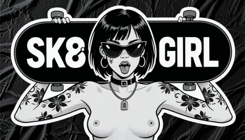 pure monochrome sticker illustration, high resolution black and white tattoo flash inspired graphic art, clean vector like linework, crisp inked contours, bold simplified shapes, dense solid black fills, subtle gray stippling and controlled cross hatching, screen printed sticker aesthetic, authentic die cut sticker appearance, strong graphic stylization, flat illustrative rendering, high contrast black gray and white palette, the typography is a priority element, on the left half of the board, "SK8", on the right half of the board, "GIRL", both inscriptions are separate typographic elements placed directly on the black underside of the board, SK8 must remain one compact uninterrupted three character alphanumeric logo, S followed immediately by K followed immediately by 8, all three characters on one horizontal baseline, tightly grouped, large, bold, crisp, white, and clearly readable, GIRL must remain one compact uninterrupted four letter wordmark on the right side, matching SK8 in typeface, weight, height, and visual presence, the trucks stay near the far outer ends and may overlap the typography only minimally while every character remains legible, adult nude woman, 25 years old, stylized punk board girl shown from approximately the waist upward, bold symmetrical frontal composition, perfectly centered, short straight jet black bob haircut ending around jaw length, heavy blunt fringe across the forehead, glossy graphic hair highlights, large oversized black sunglasses covering most of the upper face, thick shiny lenses with small white reflections, head tilted slightly backward, mouth open in a rebellious playful expression, full outlined lips, visible tongue, large circular hoop earrings, black choker with a small rectangular buckle, simple chain necklace with a small rectangular padlock pendant, small firm upturned breasts with long prominent nipples, exaggerated comic pinup proportions, both arms raised outward and upward while holding the board horizontally behind her head and shoulders, hands gripping the board close to both outer ends, board viewed from below with trucks and wheels clearly visible, simplified but recognizable hardware, several tattoo motifs across both forearms and upper arms, bold flowers, tiny symbols, decorative flash style elements, crisp black outlines around the full silhouette, broad white die cut sticker border surrounding the woman and the board, thin black outer contour, isolated physical sticker resting on dark wrinkled textured fabric, authentic printed surface, slightly distressed ink texture, gently uneven die cut edge, visually very close to classic underground skate sticker art and black ink pinup flash illustration