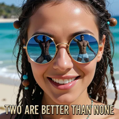ultra photorealistic cinematic masterpiece, breathtakingly beautiful adult woman, 28 years old, extreme macro facial portrait on a tropical beach, radically tight crop, image begins across the middle of her forehead, hairline completely outside the frame, image ends immediately below her chin, neck shoulders and chest fully outside the frame, side edges cutting tightly into her face, only the central face visible, her face filling almost the entire image, both small round sunglasses large and dominant within the composition, direct eye level viewpoint, 100 mm macro portrait lens, razor sharp focus on skin sunglasses and reflections, extraordinarily detailed natural skin texture, visible pores, fine peach fuzz, tiny imperfections, subtle beach heat sheen, broad delighted flirtatious smile, visible dimples, naturally full lips, authentic bohemian hippie look, only a few side edge hints of dark brown dreadlocks with small wooden beads and turquoise beads visible near the frame edges, small perfectly round John Lennon style sunglasses, thin elegant gold metal frames, flawless bright cobalt blue mirrored lenses with exceptionally clear high contrast reflections, the reflections are the absolute star of the image, the only visible men appear inside the two sunglass lenses, no men anywhere else in the composition, left lens shows one handsome adult man, 30 years old, deep brown skin, long dark dreadlocks, broad heavily muscular bodybuilder physique, dark fitted swim trunks, full body clearly visible from head to feet, both arms raised in a powerful double biceps pose, right lens shows a clearly different handsome adult man, light sun kissed skin, long shoulder length sun bleached blond hair, lean athletic masculine surfer physique, light fitted swim trunks, torso turned three quarters sideways, one arm extended outward and the other relaxed low near his hip, both men confidently presenting their physiques toward the woman, clearly different in skin tone hairstyle silhouette and pose, realistic curved mirror distortion, turquoise ocean bright sand and luminous sky surrounding them within the reflections, at the bottom a bold highly legible caption in thick raised liquid metallic gold script with a subtle black outline and soft glow, large but not covering the face or sunglasses, "TWO ARE BETTER THAN NONE", luxury editorial finish, exceptional photorealism, masterpiece