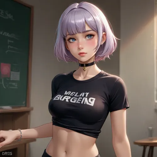 noelle from genshin impact dross style reiq Teacher 20 years old, perfect lighting, perfect skin, surreal, 8k resolution, super detailed, Instagram model, professional photography, egirl make-up, Sleek Straight blond short Hair Back, (youth clothing style, e-girl style, slim graphic T-shirt, ((tight leggins)), choker, jewelry, bracelet on the wrist, exposed breasts, medium breasts, Nordic, freckles, lifelike face, slim, slim body, athletic body)