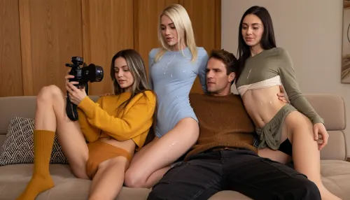 Three tall skinny 24 years old pretty women sitting on the sofa, a lot of cum all over their faces and clothes, One is is holding a black digital camera, she is looking at a photo of herself displayed on the camera, Rick is looking away, his face is not visible, penis glistening, (Scout is a 25 years old dutch woman, very innocent face, looks down with indifference, light brown hair with streaks of blond, she is wearing mustard-yellow jumper, and mustard long ribbed knit socks, skinny thighs, tiny ass, tight ochre panties, Agnetha is a tall and very skinny beautiful norwegian white blonde with tight light blue yoga wear, Samira is a skinny tall petite amazigh beauty with extreme skinny thighs, hipbones and tiny ass and tits, dressed in olive green and cream colored tight night gown and black panties, all girls are completely covered in cum:1.2), ., (Rick is 20ish, he wearing well an old brown wool jumper, no shirt, his well-worn very-dark-brown almost black cargo-pants are pulled down), .



Simple wood paneling in warm honey oak, very simple fawn coloured modernist sofa, warm neutral earthy palette, soft natural daylight, the scene is warm and intimate as the artist and his muse share a moment.