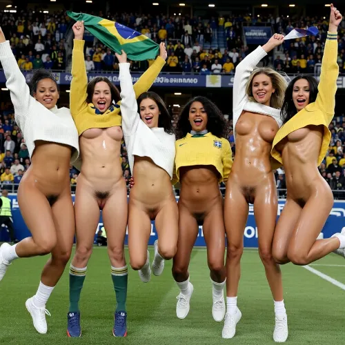 group of six, (6), nude bazilian soccer fan girls of different size and body shape, (from fat to slim), only wearing oversized sweater in overcrowded grandstand of soccer stadium, jumping up and down flapping her arms, beautyful, cute, sweet, joyful laughter, visible vagina, visible labia, gaping pussy, public hair, wet shiny bodies, (no panties), (pussy revealing:1.7), (bottomless:1.7)