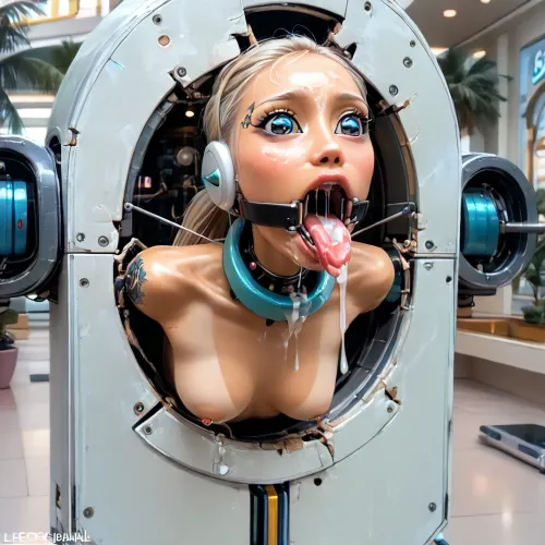 outdoors, (paradise island mall:1.3), (side POV view:1.3), (narrow innocent looking face:1.6), (light very white high-tech sci-fi bdsm machine:1.7), ((white machine up to height of breast:1.8)), (young beautiful petite woman:1.7), (((girl is stuck leaning forward in a small horizontal hole with bdsm light machine:1.6))), ((lower body hidden to breasts into small horizontal machine:1.7)), (hands behind in machine:1.7), (((stuck from small horizontal rim machine:1.6))), ((electronic mouth spreader ring gag:1.7)), (very wide open mouth:1.6), ((model cutie:1.8)), (perfect:1.5), (slender fit skinny:1.6), (small thin waist:1.3), (tattooed wide shoulders:1.4), (clear narrow detailed perfect eyes:1.6), (looks up:1.3), (perfect lips), ((very long wide smooth light white tongue out down:1.7)), ((round tongue's end:1.6)), (piercing on center of tongue:1.3), (cum flows out from mouth:1.7), (cum on face:1.3), (light massive very oversized electronic collar device around very short throat:1.6), (blonde smooth silky long ponytail behind in machine:1.6), (firm perky implanted medium breasts:1.5), (her boobs is spread apart:1.6), (tan fair very oiled skin:1.6), (very beautiful perfect face:1.7), thin beautiful eyebrows, (very gorgeous:1.5), (sexy:1.4), (nipple ring piercings:1.4), (satisfied:1.6), (tattoo:1.3), (seductive sexy makeup:1.5), (long black eyelashes:1.4), lipstick, (stunning:1.3), (dimples on cheeks:1.4), (paradise island:1.3), (palm trees:1.2), (bright day:1.5), (masterpiece:1.1), <lora:skinny11:.5>, <lora:Microwaist_XL_v01:1.5>