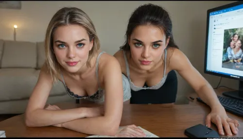 beautiful secretary, 25 year old, on sofa, sitting before computer, (((erotic woman on screen))), show on nipple, (((erotic woman pic through screen))), show lace bra, make-up, eyeliner, (small cleavage:1.6), cleavage droops forward, seductive face, minimal makeup, loose fitting white tank top, (((push up bra))), pale blue eyes, cinematic lightings, (mini skirt close up:1.4), bending forward to pick up a book off the floor, she has a flirty smile, her cleavage droops down, teeth slightly visible, gorgeous smile, she looks flirting at the viewer, getting groped from behind by old teacher, his hands cup both her breasts, he bites her neck, eye contact, romantic stare, blushing, (flirting:1.6), (close up of face:1.3), focus on eyes, blue eyes, lora, LyingWithArmUp.1.0, 1.4>, <lora:()Ashlynn Spektre XL:1.3>, <lora:CinematicStyle_v1:1.6>, <lora:detailed_notrigger:1.8>, foundation, mascara, pink lipstick, full body, red and black bra with embroidery, unbuttoned shirt, pantyhose, black skirt, show nipples, panties down, Cumming, erotic pic in computer, erotic pic in screen, fingering, raw, fluxenh4nce, <lora:FLUXEnh4nce:.8>