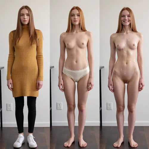 (A triptych of a 1m86 tall, 35kg, very narrow build, skinny figure, extreme skinny beautiful 24yo Dutch woman with long ginger hair, very long and very thin legs, extreme thin thighs, presented in three sequential panels against a plain white wall and dark wood floor. Very thin thighs, narrow hips, hipbones, small perky tits, natural, no makeup, pretty shy:1.3), In the first panel, she stands in a full-length knitted ochre dress, tight black leggings, and white sneakers, with a neutral expression and hands at her sides. The middle panel shows her in low-waist tight cream colored lace-trimmed smooth underwear, barefoot, with a belly button piercing, her pose is similar, hands resting on her hips. The final panel depicts her completely nude, maintaining the same stance and expression but her face and body is covered with a lot of realistic white cum, she is smiling naughty, The lighting is bright, even studio lighting, highlighting her natural skin tone and body shape. The composition is symmetrical and clinical, emphasizing the progression from covered to unclothed. The style is realistic and documentary, with a focus on clarity and detail, capturing subtle changes in posture and appearance across the three states. The overall mood is neutral and observational, with a clean, minimalist aesthetic.