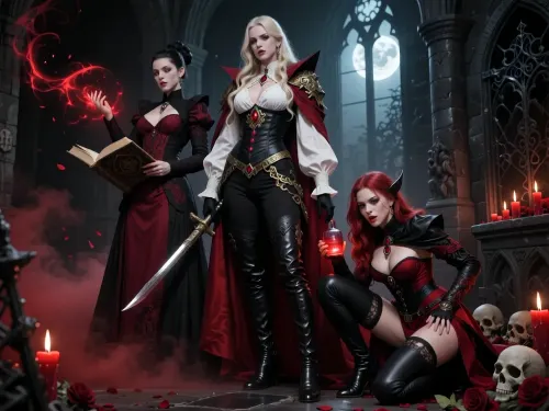 A dramatic dark gothic fantasy illustration depicting the three vampire brides of Strahd together inside an ancient crypt beneath Castle Ravenloft. The scene is cinematic, sinister, decadent and richly atmospheric, lit by red candles, cold moonlight through tall gothic arches, and swirling crimson mist close to the floor. Black stone, skulls, ironwork, scattered rose petals and ornate gothic details fill the background.

On the left stands Ludmilla Vilisevic, an elegant dark-haired vampire scholar and arcane controller. She has very pale skin, refined features, and a cold intelligent expression. Her long dark hair is styled in an aristocratic updo with subtle jewelry. She wears a floor-length burgundy, black and crimson gothic gown with embroidery, fitted sleeves and dark jewelry. She holds an ancient open spellbook in one hand, while the other is raised, surrounded by swirling crimson-black arcane energy like blood magic. She appears composed, calculating and intellectually dangerous.

In the center stands Anastrasya Karelova, the protector and martial guardian of the trio. She is tall, imposing and aristocratically beautiful, with very pale skin and long pale blonde hair in loose braids and waves. Her expression is proud, calm and commanding. She wears a striking black, ivory and dark red duelist outfit, an ivory blouse with voluminous sleeves under a fitted black corseted coat with brocade, gold filigree, red gemstones, a long dark red cloak and tall black leather boots. She carries an elegant ornate rapier held downward at her side. Her posture is upright, controlled and protective, clearly standing as the dominant centerpiece and bodyguard of the three.

On the right crouches Volenta Popofsky, the feral predator of the trio. She has very pale skin, wild dark crimson-red hair, predatory eyes, visible fangs and a cruel delighted grin. She leans forward in an aggressive hunting pose, eager for violence. She wears asymmetrical black and blood-red gothic leather with straps, buckles, fingerless gloves and high leather boots. Small alchemical vials hang from her belt. She grips a bloodstained dagger in one hand and a small glass vial of glowing red liquid in the other. She looks like a vicious vampire assassin and unstable alchemist.

The composition should clearly show their different roles while keeping them visually unified, Ludmilla as arcane intelligence on the left, Anastrasya as the dominant protective centerpiece, and Volenta as the crouching violent predator on the right. Full-body or near full-body composition, slightly low camera angle, painterly realism, highly detailed fantasy illustration, rich gothic horror atmosphere, dark romantic horror, realistic anatomy, no modern elements.