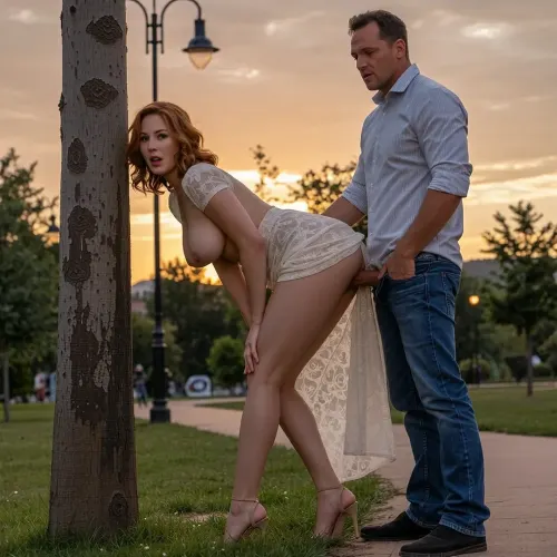 (((ultra-realistic photo taken according to all the rules of photographic composition:1.5))), (atmospheric lighting and the setting of a summer park at sunset), (beautiful sky at sunset), . A warm summer evening, sunset, the streetlights are not turned on yet, a park, (a man and a woman are standing by a tree, next to a path), ., (The woman is standing next to a tree, she has leaned forward and rested her hands on her knees, arching her back and sticking her butt out. A man with his jeans down and an erect penis is standing behind the woman, he lifted the hem of the woman's dress from behind, squatted down a little and inserted his penis into the woman's vagina from behind), (The woman is 30 years old, a slender, well-groomed ginger with shoulder-length curly hair, with pleasant features, a rounded, voluminous butt), (the woman is wearing a light, plain long lace dress with a deep neckline and short sleeves, elegant shoes with high, thin heels), (the woman's mouth is slightly open and her head is turned towards the camera, she looks at the camera in surprise), ((the woman's breasts with large, erect nipples are visible from the neckline)), ((A man, 40 years old, wearing a shirt with rolled-up sleeves, jeans, and men's black shoes), ., ((The camera pans to a wide shot of a park, a woman stands bent over next to a tree with her dress hem hiked up in the back. A man stands behind the woman, holding her waist with his hands and inserting his penis into the woman's vagina from behind)), ((The woman leans forward and rests her hands on her knees:1.5)), ((Ultra-realistic park)), ((Ultra-realistic doggy style sex scene))), massive saggy breasts