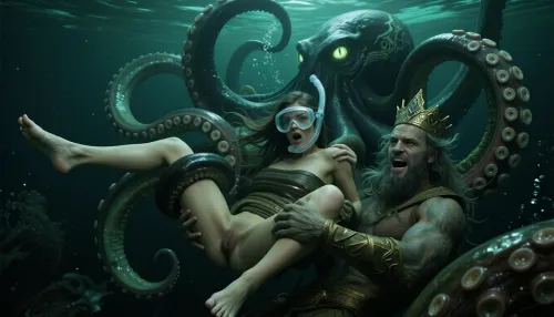 Extreme deep ocean environment, 1000 meters beneath the ocean surface, ultra photorealistic cinematic masterpiece, extremely dark low key underwater photography, deep olive green and emerald color grading, dramatic horizontal composition, frontal three quarter viewpoint, exactly three completely independent characters, a female snorkeler 28 years old, a gigantic ancient octopus and a mythical male King of the Seas, suspended within endless black green seawater, the ocean surface completely outside the frame, The female snorkeler dominates the upper foreground, her human body suspended horizontally, two anatomically correct human legs, transparent diving mask and snorkel, long hair streaming through the current, realistic skin dramatically darkened by cold greenish underwater illumination, eyes wide open in genuine terror, her entire body visibly strained against the overwhelming grip, Directly behind her emerges the colossal ancient octopus, enormous intelligent glowing eyes, massive muscular tentacles covered in almost black olive green skin with emerald reflections, four enormously powerful tentacles wrapping repeatedly around her four limbs, one tentacle tightly coiled around each arm from wrist to upper arm, one around each leg from ankle to thigh, thick muscular coils overlapping and tightening around her limbs, additional tentacles spiraling around her waist and shoulders, completely immobilizing her body, Extremely prominent realistic octopus suction cups, hundreds of individually detailed circular suckers arranged in two distinct rows along the inner surfaces of every tentacle, pale greenish rims contrasting against dark muscular skin, numerous suction cups visibly adhering directly to her arms, legs and torso, their flexible rims pressed flat against her skin, creating realistic circular indentations and subtle localized skin deformation from powerful suction, clearly visible physical attachment at every contact point, extraordinary tactile realism, overwhelming muscular tension, complete physical restraint, The mythical King of the Seas floats independently and dominates the foreground, He looks directly at the viewer and bursts into a wide, deeply sinister, almost demonic laugh, his face twisted into a wicked, malevolent grin, while, he Grabs her pussy, he fingering pussy of the female snorkeler between labia, he sticks three fingers into the female snorkeler’s pussy, he has a masculine greenish torso, broad shoulders, long dark green hair, thick algae covered beard, golden crown, magnificent emerald green fishtail extending diagonally downward, mysterious confident smile, Dramatic artificial deep sea illumination, turquoise bioluminescence, profound black shadows, drifting microscopic particles, razor sharp focus on suction cups, tentacle coils and terrified facial expression, realistic underwater physics, intense local contrast, cinematic depth, subtle analog grain