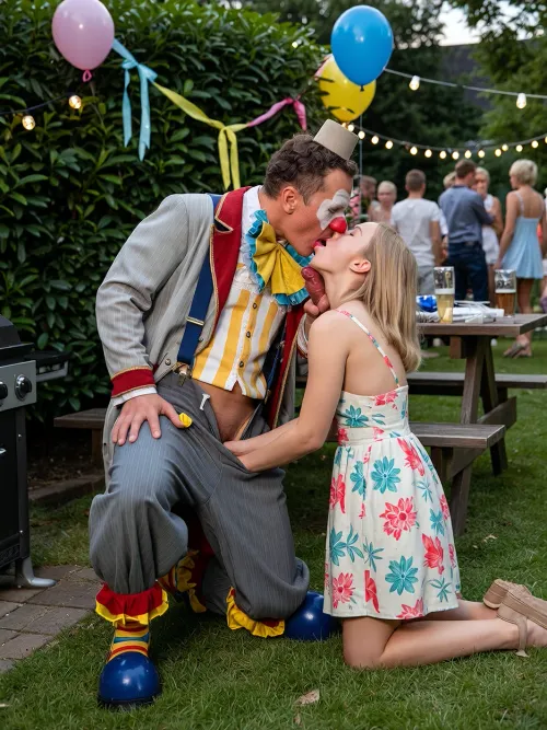 A private summer party with many neighbors in Germany, a private garden, decorated with balloons, streamers, and strings of lights, featuring a grill and beer-bench seating. Hidden from the other guests behind a bush, in the immediate foreground, is a detailed male clown—28 years old—wearing a full clown costume, complete with oversized shoes, trousers, a jacket, suspenders, a colorful shirt, an exaggeratedly large bow tie, a red nose, and a tiny hat. He is receiving oral sex from a sweet, blonde neighbor girl. The cute girl is kneeling before the clown with his trousers unzipped, taking his erect penis deep into her mouth. She wears a lovely summer dress with a colorful floral print and thin straps, she has a delicate, slender build and a very flat chest. Because they are positioned prominently in the extreme foreground, both the girl and the clown are rendered in high detail, capturing nuanced facial expressions and intricate textures of fabric and skin. Behind the clown stands a dense bush, looking past it, one can see the garden party—attended by many people—in the blurred background.