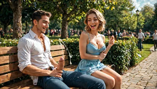 fully clothed hetero couple sitting on a park bench during day, (she is secretly rubbing his cock with one hand), several people walking around in the park in the background, he is ejaculating on himself, cum spilling on his chest and face, he is embarrassed, she is looking at his huge ejaculation, laughing