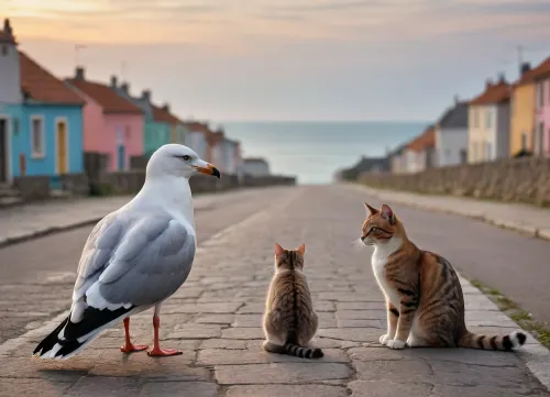 a seagull and a cat are talking in the street of a small seaside village, on the horizon you can see the sea