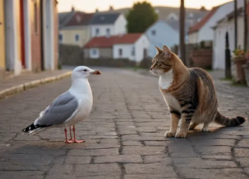 a seagull and a cat are talking in the street of a small seaside village