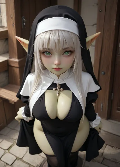 shortstack female goblin, soft platinum hair styled in a messy bob, shimmering gold eyes, pale green skin, high angle view, sexy black and white nun catholic dress, ((sexy black and white priestess dress)), black short dress, wide-hips, goblin ears, goblin pale-green color skin, big breast, thigh thick, StackedShortstack, punishnun, <lora:Stacked_Shortstacks_-_SDXL-000009:2>, <lora:punishnun_XL_reg1_-000003:1.5>