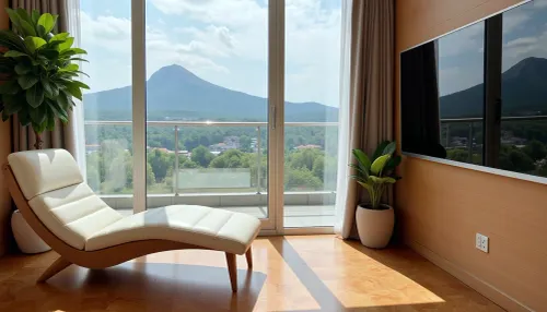 The scene is a high-rise apartment, skyscraper, large floor to ceiling windows, aged mahogany floors, a cream colored leather chaise lounge, a large Epipremnum aureum, money plant, a 75 inch TV is on the wall, a balcony, far in the distance is a mountain that is deeply forested.