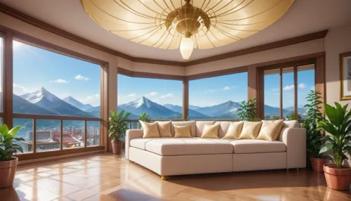 The scene is a high-rise apartment, skyscraper, large floor to ceiling windows, aged mahogany floors, a cream colored leather chaise lounge, a large Epipremnum aureum, money plant, a 75 inch TV is hanging from the ceiling 12ft ceiling, a balcony, far in the distance is a mountain that is deeply forested.