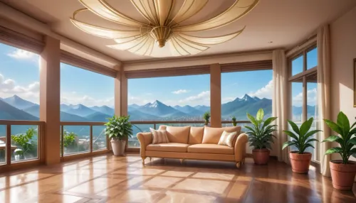 The scene is a high-rise apartment, skyscraper, large floor to ceiling windows, aged mahogany floors, a cream colored leather chaise lounge, a large Epipremnum aureum, money plant, a 75 inch TV is hanging from the ceiling the 12ft ceiling, a balcony, far in the distance is a mountain that is deeply forested.