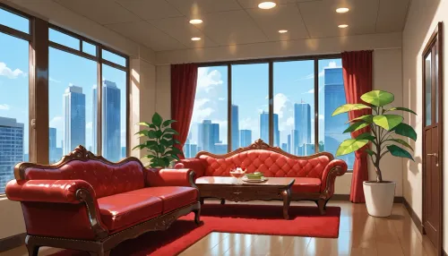 The scene is a high-rise apartment, skyscraper, large floor to ceiling windows, aged mahogany floors, and a cream colored leather chaise lounge, a money tree plant, an ivory vein plant