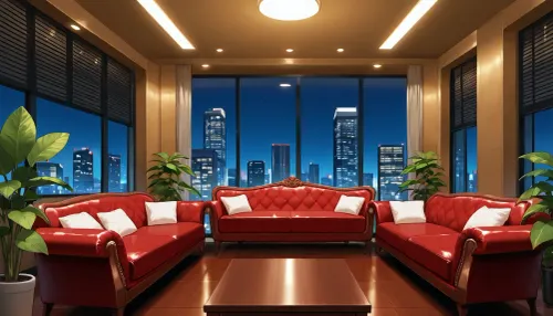 The scene is a high-rise apartment, skyscraper, large floor to ceiling windows, aged mahogany floors, a cream colored leather chaise lounge, a large Epipremnum aureum, money plant, a 75 inch TV is on the wall, a balcony.