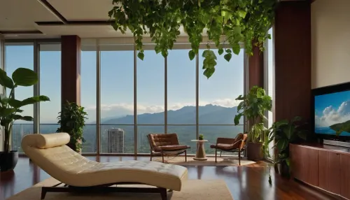 The scene is a high-rise apartment, skyscraper, large floor to ceiling windows, aged mahogany floors, a cream colored leather chaise lounge, a large Epipremnum aureum, money plant, a 75 inch TV is hanging from the ceiling the 12ft ceiling, a balcony, far in the distance is a mountain that is deeply forested.