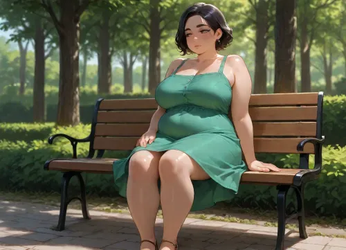 masterpiece, best quality, absurdres, newest, highres, very aesthetic, 1girl, solo, mature female, adult, short_hair, black_hair, wavy_hair, bangs, brown_eyes, medium_breasts, plump, fat, freckles, scar, piercing, thick eyebrows, sundress, green_dress, dress shoes, clothes over underwear, (pink bra:.4), (pink panties:.4), fully clothed, underwear under clothes, sitting, on bench, park, outdoors, daytime, soft lighting, detailed face, detailed eyes, looking away