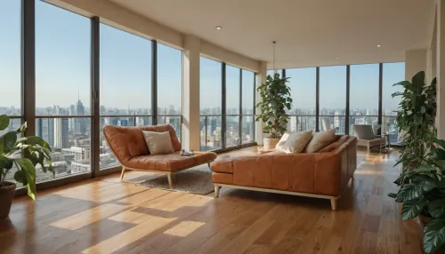 The scene is a high-rise apartment, skyscraper, large floor to ceiling windows, aged mahogany floors, a cream colored leather chaise lounge, a large Epipremnum aureum, money plant, a 75 inch TV is on the wall, a balcony.