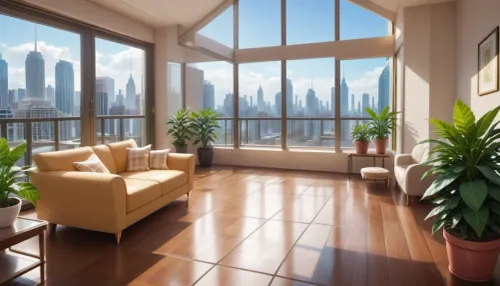 The scene is a high-rise apartment, skyscraper, large floor to ceiling windows, aged mahogany floors, a cream colored leather chaise lounge, a large Epipremnum aureum, money plant, a 75 inch TV is on the wall, a balcony.