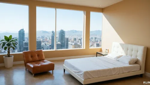 The scene is a high-rise apartment, skyscraper, large floor to ceiling windows, aged mahogany floors, a cream colored leather chaise lounge, a large Epipremnum aureum, money plant, a 75 inch TV is on the wall, a balcony, far in the distance is a mountain that is deeply forested.