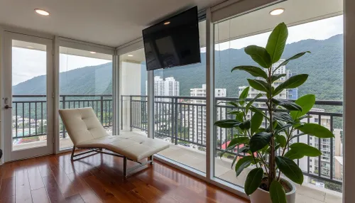The scene is a high-rise apartment, skyscraper, large floor to ceiling windows, aged mahogany floors, a cream colored leather chaise lounge, a large Epipremnum aureum, money plant, a 75 inch TV is hanging from the ceiling the 12ft ceiling, a balcony, far in the distance is a mountain that is deeply forested.