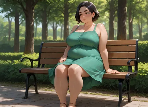 masterpiece, best quality, absurdres, newest, highres, very aesthetic, 1girl, solo, mature female, adult, short_hair, black_hair, wavy_hair, bangs, brown_eyes, medium_breasts, plump, fat, freckles, scar, piercing, thick eyebrows, sundress, green_dress, dress shoes, clothes over underwear, (pink bra:.4), (pink panties:.4), fully clothed, underwear under clothes, sitting, on bench, park, outdoors, daytime, soft lighting, detailed face, detailed eyes, looking away