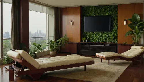The scene is a high-rise apartment, skyscraper, large floor to ceiling windows, aged mahogany floors, a cream colored leather chaise lounge, a large Epipremnum aureum, money plant, a 75 inch TV is on the wall, a balcony.