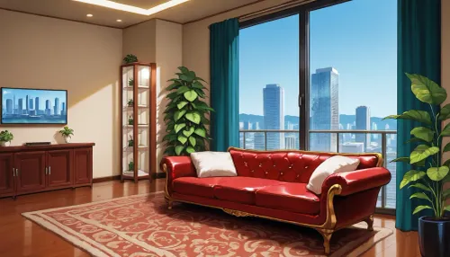 The scene is a high-rise apartment, skyscraper, large floor to ceiling windows, aged mahogany floors, a cream colored leather chaise lounge, a large Epipremnum aureum, money plant, a 75 inch TV is on the wall, a balcony, far in the distance is a mountain that is deeply forested.
