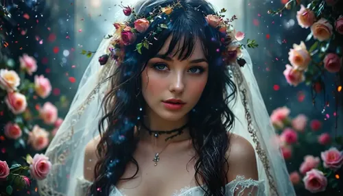 [KTA], (Dark Fantasy Artwork), artistic, low angle, detailed gothic ink drawing, fine linework, violet-magenta cosmic accents, sharp silhouettes, intricate lace, elegant horror, elegant profile portrait, clean white negative space, a belle roughly 40-year-old cosmic bride with a floral head, large lace bridal hat and veil, lavishly adorned with dark roses and ribbons, face entirely replaced by a dark veil of roses, long dark hair with straight bangs visible beneath the veil, calm, cold, eerie aura, cosmic elements within the veil, a deep galactic void filled with nebulae, stars, glowing particles, and dark cosmic smoke, dark, thorny vines winding around her like living shadows, holding a disturbing bridal bouquet of pale roses entwined with dripping shadows and interlaced roots, smoky, romantic cosmic decay, delicate, silent bridal nightmare, natural beauty, /KlTTY-ART/, <lora:COMFYUI_mimic_landscape_-_XL_SDXL v2.0:.1>, <lora:MJ52:.1>, <lora:attractive_notrigger:.1>