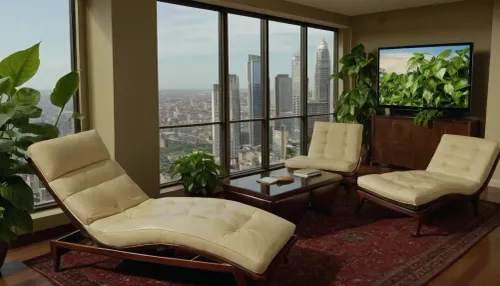 The scene is a high-rise apartment, skyscraper, large floor to ceiling windows, aged mahogany floors, a cream colored leather chaise lounge, a large Epipremnum aureum, money plant, a 75 inch TV is on the wall, a balcony.