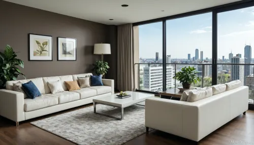 The scene is a high-rise apartment, skyscraper, large floor to ceiling windows, aged mahogany floors, a cream colored leather chaise lounge, a large Epipremnum aureum, money plant, a 75 inch TV is on the wall, a balcony.