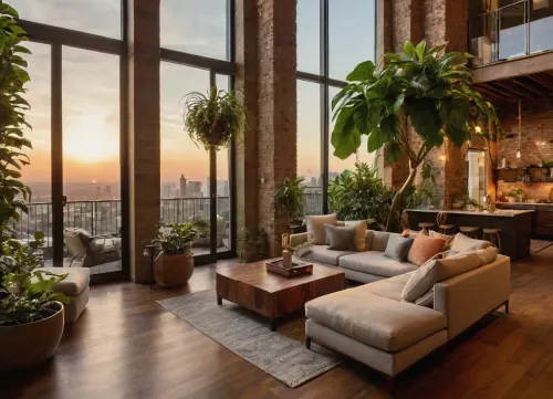 The scene, looking out at the sunset on the corner balcony of a 12 ft ceiling apartment, large floor to ceiling windows, skyscraper, focus on the outside, while balcony has stone floors, the interior which is an open floorplan with aged mahogany wood floors, a cream colored lounge chair is on the inside, a burnt-ornange deck chair can be found on the outside, large ceiling beam goes across the ceiling, stone arch, brick walls, brick walls SEVERAL MATURED PLANTS are on the inside and outside of the apartment, [types of plants include a matured mix of the following], (Epipremnum aureum), (Dracaena trifasciata), (Philodendron scandens), (Hedera helix), far in the distance is a mountain that is deeply forested, one of the plants hangs from the ceiling. The balcony is half ceiling half skylight.