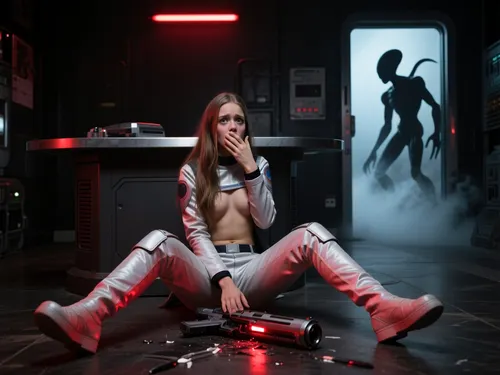 (((A beautiful petite, small chested, small waist, 18 yo girl, caucasian, cute face, long hair))), is sitting on floor behind a short spaceship counter, she is scared, she is trying to keep quiet, one hand covering her mouth, the silhouette of an alien monster is in the background, alien is in a doorway, fog spilling in from doorway, on a spaceship, (((girl is wearing full body spacesuit))), light on woman is red, broken futuristic gun at her feet, tense atmosphere, the room is pitch black, the only light in the room is a red light above the girl, cinematic composition, photorealistic, 8k resolution.